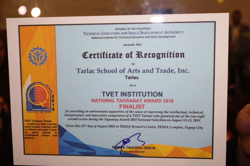 Tarlac Provincial Government Wins 2018 TESDA National Kabalikat Award
