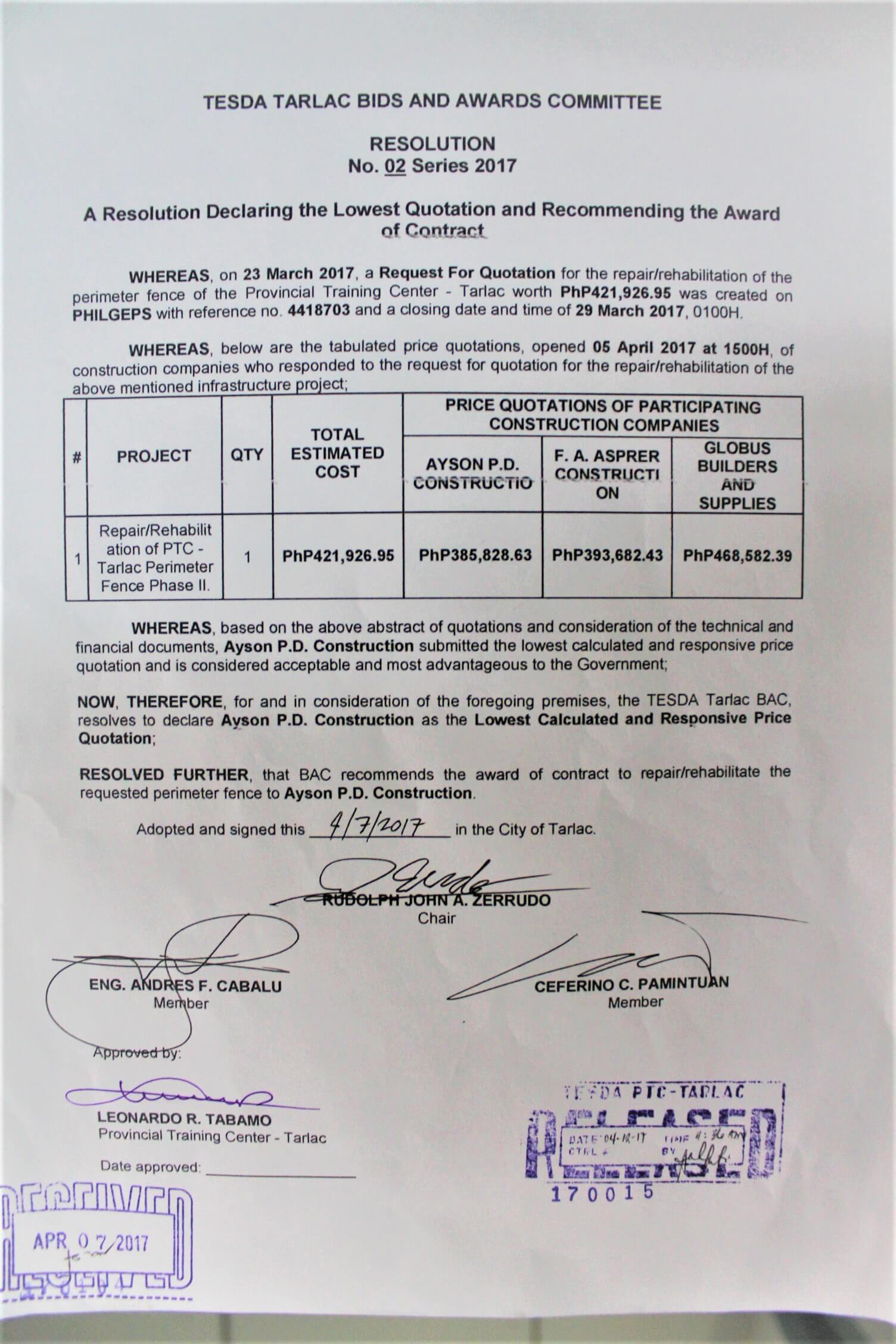 BAC Resolution and Notice of Award – TESDA Tarlac